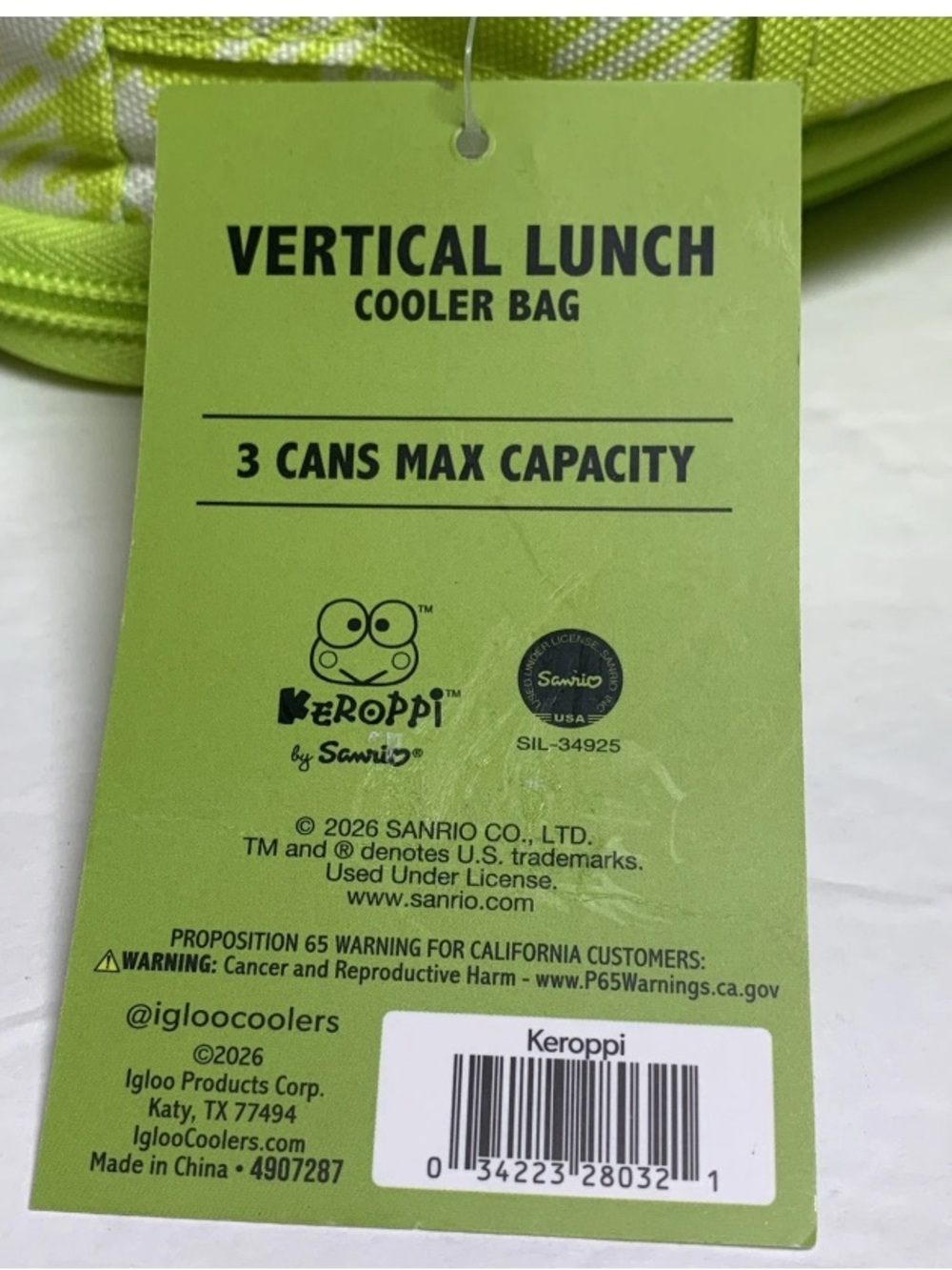 Sanrio KEROPPI Vertical Lunch Box Cooler Bag Gingham Green Igloo Insulated NWT - Picture 10 of 10